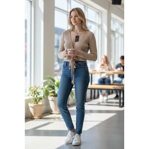 Sndys Beige Ribbed Knit Wrap Tie Front Crop Cardigan Sweater Top Size S